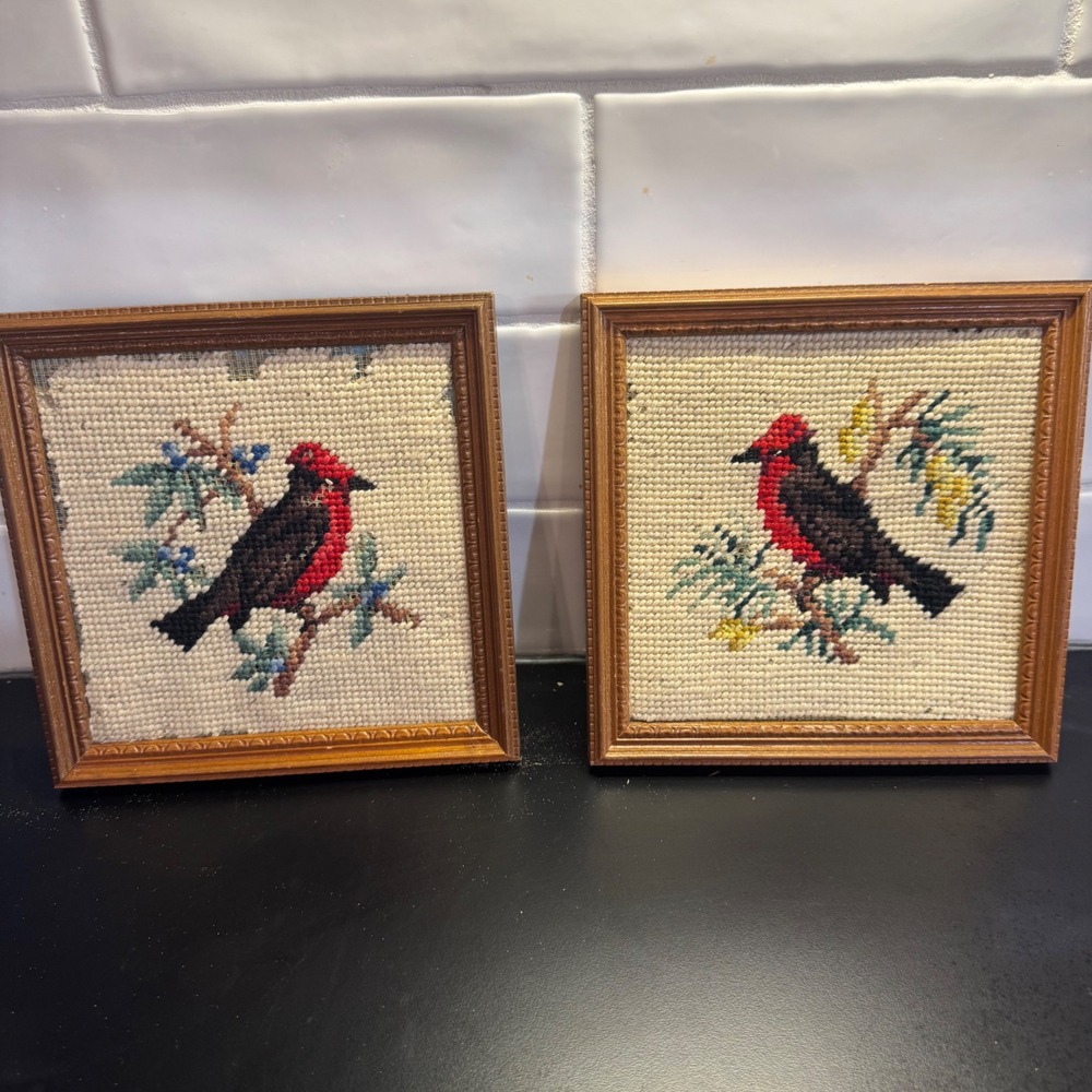 Vintage Framed Needlepoint Bird Art Set 2 Small 6x6 Red Cardinal Cottagecore B17